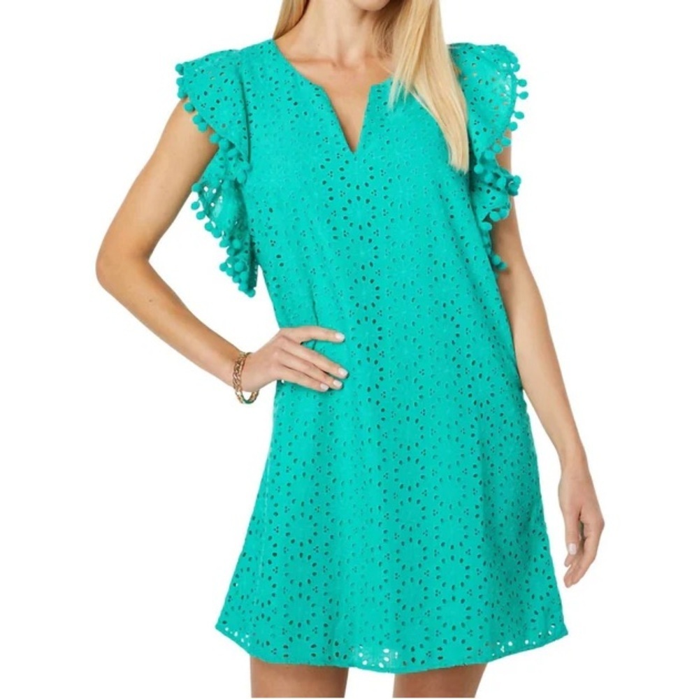 Lilly Pulitzer Astara Eyelet Flutter Sleeve Dress Water Lily Green Teal  Medium